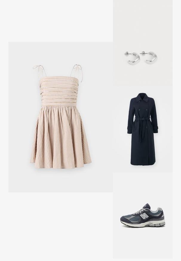 Tums zila virsjakas mēteli no vilnas maisījuma auduma, ar divrindu piegriezumu priekšā, jostu viduklī un sānu kabatām.; Beige un balta svītrainā kleita ar sietu krūšu daļu, regulējamiem sieta plecu stieņiem un kuplu svārku.; Sarkans un balts svītrains polo krekls ar garām piedurknēm, ietverot apkakli, trīs pogu aizdari un izšūtu logotipu uz krūts.; New Balance tenissoles ar jūras spēka krāsas sietu un ādas augšdaļu, pelēkiem akcentiem, baltu logotipu, mīkstu zoli un teksturētām detaļām.; Burgundijas krāsas ādas rokassoma ar trīsstūra formu, atvērta augšdaļa un izsieta detaļa gar rokturi. Gluda tekstūra ar matētu apdari.; Sudraba gredzena auskari ar gludu, pulētu apdari. Apaļa forma ar nedaudz izliekta dizaina un sajauktām malām. Ar tapu aizdari.