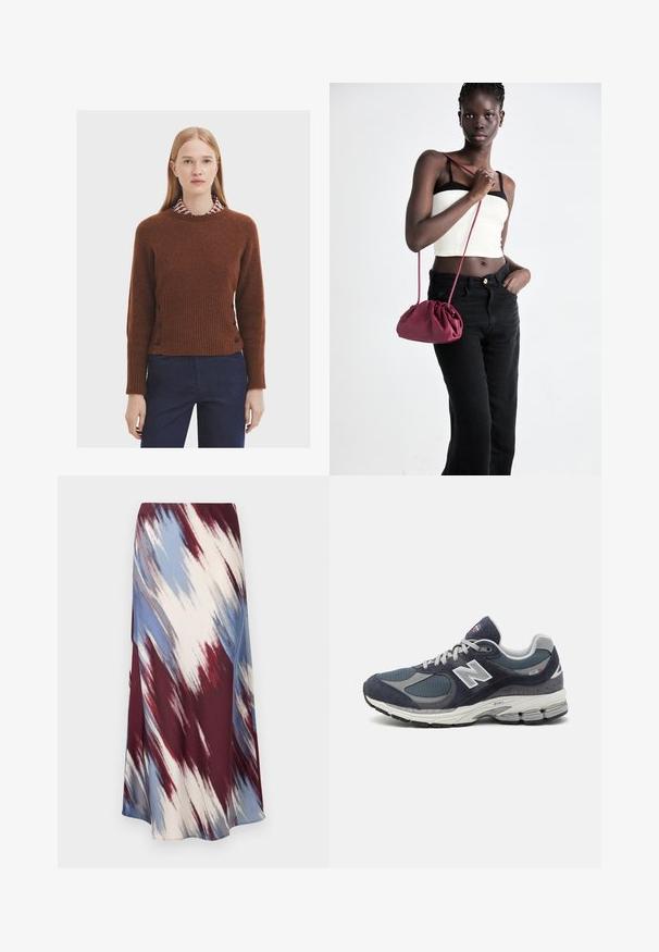 Marineblauer Trenchcoat aus Wollmischgewebe mit doppelter Knopfleiste, tailliertem Gürtel und seitlichen Taschen.; Brauner Wollpullover mit geripptem Textur, runder Ausschnitt und schwarzen Knöpfen an den Seiten, getragen über einem Kragenhemd mit geometrischem Muster.; Lange Rock mit einem diagonalen Batikmuster in Burgunder, Blau und Creme, aus weichem Stoff mit fließender Silhouette und leichtem Glanz.; New Balance Sneakers mit einem Obermaterial aus navy-mesh und Wildleder, grauen Akzenten, weißem Logo, gepolsterter Sohle und strukturierten Details.; Burgunderfarbene Handtasche aus weichem Stoff mit gerafftem Design und langem Trageriemen, quer über den Körper getragen. Das Modell trägt ein weißes Crop-Top und schwarze Jeans.