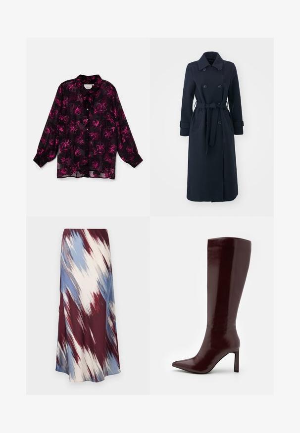 Granatowy trencz wykonany z mieszanki wełny, z podwójnym zapięciem z przodu, paskiem w talii oraz bocznymi kieszeniami.; ONLY Carmakoma CARMELENA jagodowy; Długa spódnica z skośnym wzorem tie-dye w kolorach burgundowym, niebieskim i kremowym, wykonana z miękkiego materiału o płynnej sylwetce i delikatnym połysku.; Even&Odd - Kozaki