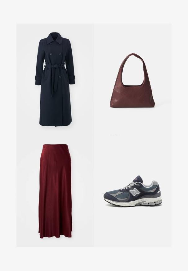 Mornarsko modra trench plašč iz mešanice wolne, z dvojno zadrgo, pasom in stranskimi žepi.; Polo majica s dolgimi rokavi, progasta v burgundski in beli barvi, z ovratnikom, trojnim gumbom in izvezenim logotipom na prsih.; Burgundska dolga maksi krila iz gladkega, lahkega materiala z rahlim sijajem. Ima prilegajoč pas in tekoč dizajn.; Tenis New Balance z zgornjim delom iz mornarskega mrežastega materiala in semiša, s sivimi detajli, belim logotipom, oblazinjeno podplatom in teksturiranimi detajli.; Burgundska usnjena torba v trikotni obliki, odprta na vrhu, s pletenim detajlom ob ročaju. Gladka tekstura z mat zaključkom.