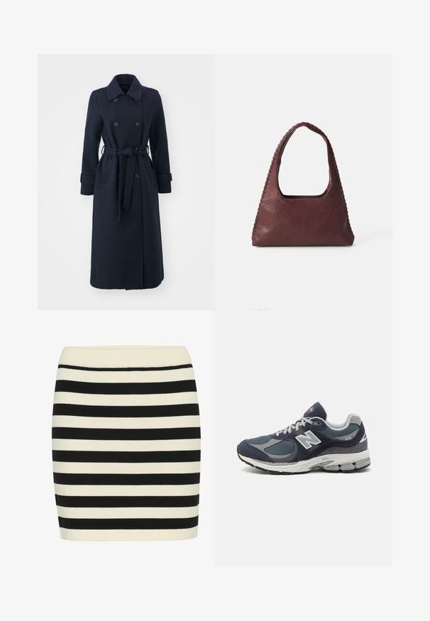 Trench coat de culoare bleumarin, confecționat dintr-un amestec de lână, având un front cu două rânduri de nasturi, talie cu cordon și buzunare laterale.; Polo cu mânecă lungă, cu dungi în nuanțe de burgund și alb, având un guler, placket cu trei butoane și un logo brodat pe piept.; Fustă tricotată cu dungi negre și crema, cu o formă ajustată, dotată cu un brâu côtat. Dungile orizontale alternează în lățime pentru un efect vizual texturat.; Adidași New Balance cu un upper din plasă și piele întoarsă de culoare albastru închis, accente gri, logo alb, talpă cu amortizare și detalii texturate.; Geantă de piele burgundă, cu o formă triangulară, cu deschidere în partea de sus și detalii împletite pe mânere. Textură netedă, cu un finisaj mat.
