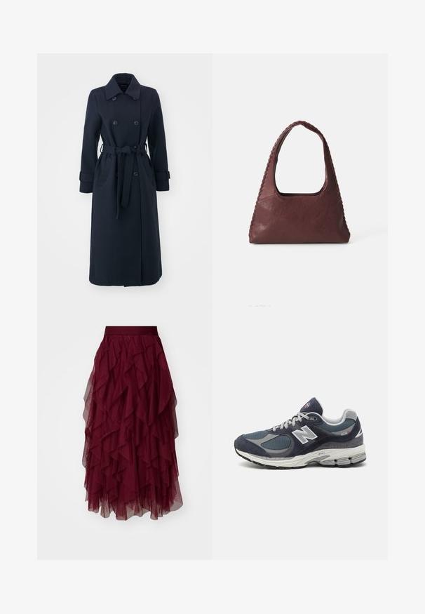 Tengerészeti kék, gyapjú keverékből készült trench coat, dupla gombolású elülső résszel, derékra övezett fazonnal és oldalsó zsebekkel.; Burgundi és fehér csíkos, hosszú ujjú pólóing, amely gallérral, három gombos gombolással és hímzett logóval rendelkezik a mellkason.; Burgundi színű tüll szoknya, többszintű fodrokkal, széles derékkal és áramló sziluettel. Könnyű, texturált anyag fokozza a mozgást.; Új Balance sportcipők sötétkék hálós és velúr felsőrésszel, szürke kiegészítőkkel, fehér logóval, párnázott talppal és texturált részletekkel.; Burgundi bőr kézitáska, háromszög alakú, nyitott tetejű, fonott részletekkel a húzón. Simább tapintású, matt felülettel.