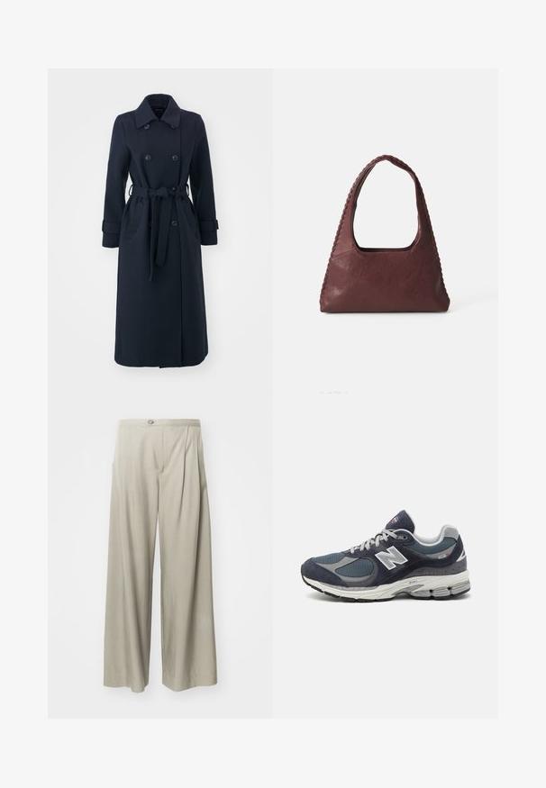 Navy plavi trench kaput od mješavine vune, s dvostrukim kopčanjem sprijeda, pojasom u struku i bočnim džepovima.; Polo majica dugih rukava u prugama boje burgundac i bijela, sa kragnom, plaketom na tri dugmeta i izvezenim logotipom na prsima.; Svijetlosivi široki hlače, s teksturiranim materijalom, nabranim detaljima sprijeda i jednim dugmetom za zatvaranje u pojasu.; New Balance tenisice s gornjim dijelom od plave mrežice i antilopa, sivi naglasci, bijeli logo, obloženi potplat i teksturirani detalji.; Burgundska kožna torba s trokutastim oblikom, otvorenim vrhom i pletenim detaljem duž ručke. Glatka tekstura s mat završetkom.