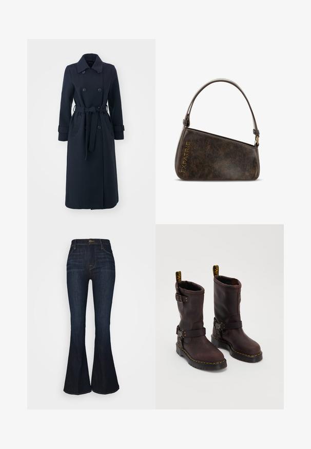 Námornícky modrý trenčkot vyrobený z vlneného zloženia tkaniny, so zapínaním na dvojité gombíky, pásom a bočnými vreckami.; Pánska polo košeľa s dlhými rukávmi v bordovej a bielej farbe, ktorá má golier, zapínanie na tri gombíky a vyšívané logo na hrudi.; FRAME LE PIXIE HIGH FLARE - Zvonové džínsy - sutherland; Hnedé kožené čižmy so stredne dlhým dizajnom, s pásikom a prackou, hrubou čiernou podrážkou a žltými prešívacími detailmi.; Hnedá umelá kožená kabelka s ostrým dizajnom, ktorá má krátku rukoväť, bronzové kovania a zlatým embosovaným textom "EXPATRIE".