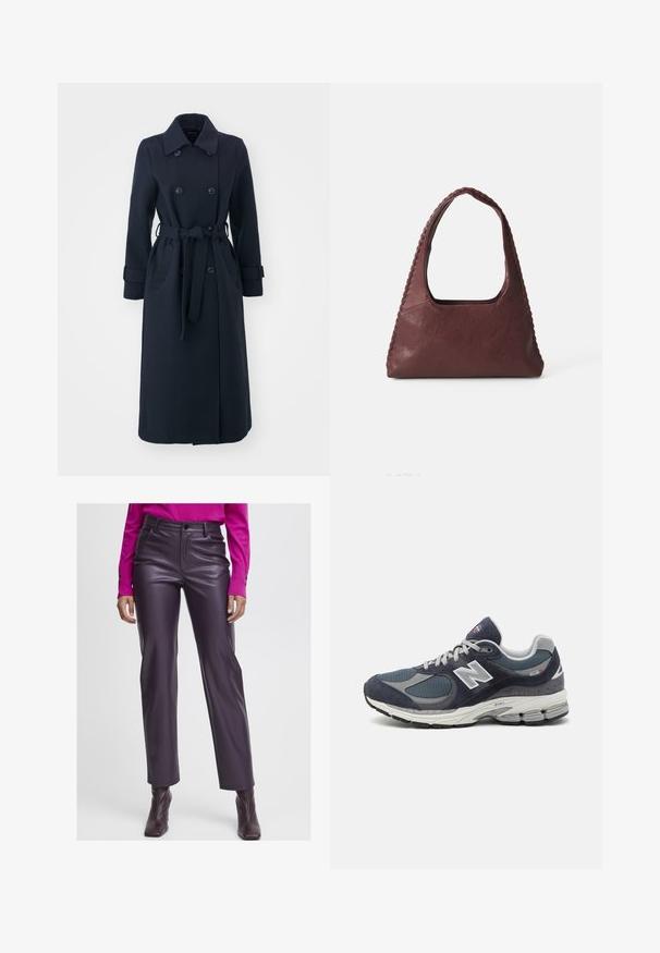 Trench-coat bleu marine en tissu mélange de laine, avec un double boutonnage à l'avant, une taille ceinturée et des poches latérales.; Polo à manches longues rayé bordeaux et blanc, avec un col, une patte de boutonnage à trois boutons, et un logo brodé sur la poitrine.; Pantalon taille haute en simili cuir violet avec une texture lisse, un design droit et des poches avant. Associé à un top à manches longues rose.; Baskets New Balance avec un dessus en mesh et en daim marine, des accents gris, un logo blanc, une semelle rembourrée et des détails texturés.; Sac à main en cuir bordeaux avec une forme triangulaire, un haut ouvert et des détails tressés le long de la poignée. Texture lisse avec une finition mate.