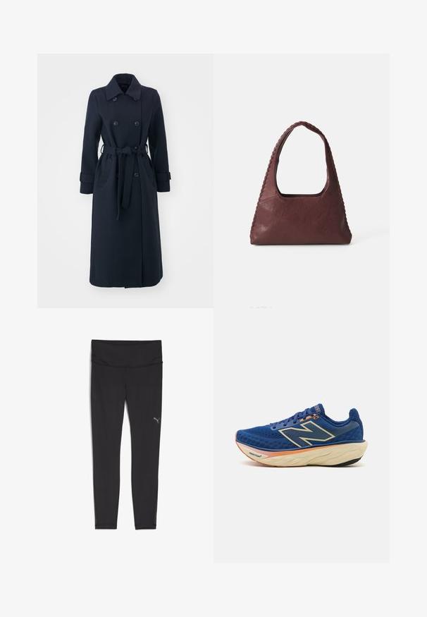 Granatowy trencz wykonany z mieszanki wełny, z podwójnym zapięciem z przodu, paskiem w talii oraz bocznymi kieszeniami.; Czerwono-biała, długosleeve'owa koszulka polo w paski, z kołnierzykiem, zapięciem na trzy guziki i haftowanym logo na piersi.; Czarne legginsy sportowe z wysokim stanem, wykonane z gładkiego, elastycznego materiału. Posiadają małe, odblaskowe logo na lewej biodrze.; Niebieski but biegowy z oddychającą siateczkową cholewką, wyściełanym kołnierzem i amortyzowaną podeszwą z pomarańczowym akcentem. Widoczne logo "Fresh Foam".; Bordowa skórzana torebka o trójkątnym kształcie, z otwartym wierzchem i plecionym detalem na uchwycie. Gładka tekstura z matowym wykończeniem.