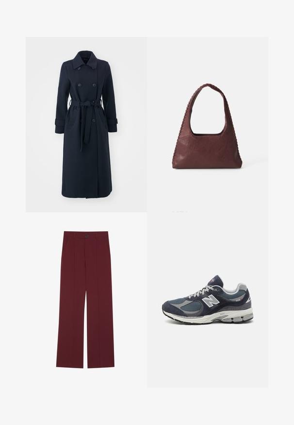 Mornarsko modra trench plašč iz mešanice wolne, z dvojno zadrgo, pasom in stranskimi žepi.; Polo majica s dolgimi rokavi, progasta v burgundski in beli barvi, z ovratnikom, trojnim gumbom in izvezenim logotipom na prsih.; Burgundske hlače širokega kroja, z gumbom za zapiranje, dvema stranskima žepoma in z gubanjem spredaj. Gladka tekstura tkanine.; Tenis New Balance z zgornjim delom iz mornarskega mrežastega materiala in semiša, s sivimi detajli, belim logotipom, oblazinjeno podplatom in teksturiranimi detajli.; Burgundska usnjena torba v trikotni obliki, odprta na vrhu, s pletenim detajlom ob ročaju. Gladka tekstura z mat zaključkom.