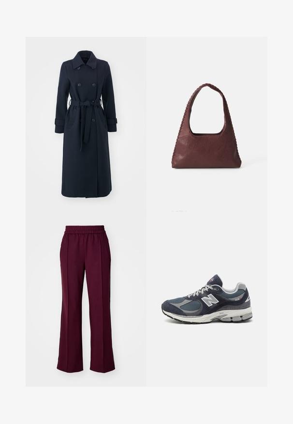 Tamsiai mėlynas vilnos mišinio paltas, turintis dvigubą užsegimą, diržą juosmeniui ir šonines kišenes.; Ilga rankovė juostuota polo marškinėliai burgundiškai raudonos ir baltos spalvos, su apykakle, trimis mygtukais ir siuvinėtu logotipu ant krūtinės.; Tamsiai raudonos plačios kelnės su elastinga juosta, šoniniais kišenėmis ir kontrastingomis juodomis juostelėmis šonose. Sklandus audinys su nedideliu blizgesiu.; New Balance sportbačiai su tamsiai mėlyna tinkliniu ir veliūro viršumi, pilkomis detalėmis, baltu logotipu, paminkštintu padu ir tekstūruotais akcentais.; Burgundi odinės rankinės trikampio formos, atvira viršuje ir pintas detalės palei rankeną. Lygus paviršius su matinio apdaila.