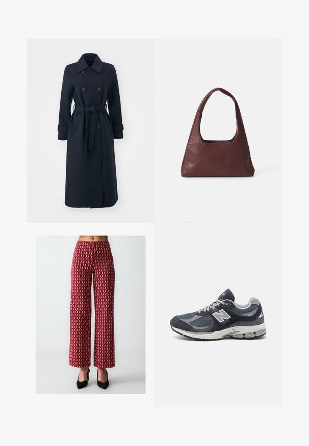 Granatowy trencz wykonany z mieszanki wełny, z podwójnym zapięciem z przodu, paskiem w talii oraz bocznymi kieszeniami.; Czerwono-biała, długosleeve'owa koszulka polo w paski, z kołnierzykiem, zapięciem na trzy guziki i haftowanym logo na piersi.; Szerokie spodnie z materiału w czerwono-beżowy geometryczny wzór, z wysokim stanem i teksturowanym wykończeniem.; Sneakers New Balance z górną częścią z siateczki i zamszu w kolorze granatowym, szarymi akcentami, białym logo, amortyzowaną podeszwą oraz z fakturowymi detalami.; Bordowa skórzana torebka o trójkątnym kształcie, z otwartym wierzchem i plecionym detalem na uchwycie. Gładka tekstura z matowym wykończeniem.