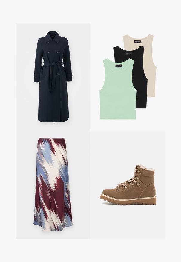 Marineblå trenchcoat laget av ullblandingsstoff, med dobbelspent front, belte i midjen og sidelommer.; Tre tank topper i mintgrønn, svart og beige; laget av ribbestrikket stoff med rund hals og uten ermer. Merket synlig.; Lang skjørt med et diagonalt tie-dye mønster i burgunder, blått og kremfarge, laget av mykt stoff med en flytende silhuett og lett glans.; Brune semsket ankelstøvel med imitert pelsfôr, metalløyler og en chunky gummisåle med teksturert mønster.