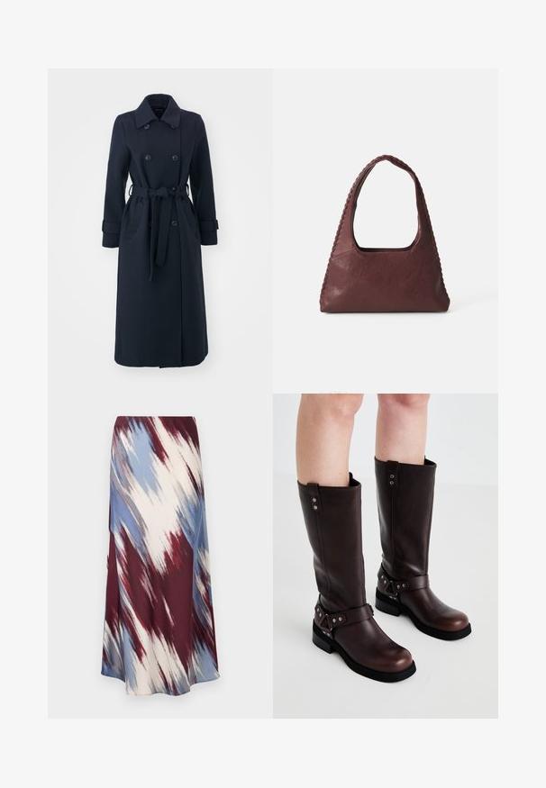 Mornarsko modra trench plašč iz mešanice wolne, z dvojno zadrgo, pasom in stranskimi žepi.; Tri tanke s kratkimi rokavi v mint zeleni, črni in bež barvi; narejene iz rebrastih tkanin z okroglim izrezom in brez rokavov. Vidna oznaka blagovne znamke.; Dolga krila z diagonalnim tie-dye vzorcem v burgundski, modri in kremni barvi, izdelana iz mehkega blaga z tekočim siluetom in rahlim sijajem.; Rjav usnjeni škornji do kolen z gladko teksturo, ki imajo širok trak in trikotne kovinske detajle, ter ravne gumijaste podplate.; Burgundska usnjena torba v trikotni obliki, odprta na vrhu, s pletenim detajlom ob ročaju. Gladka tekstura z mat zaključkom.