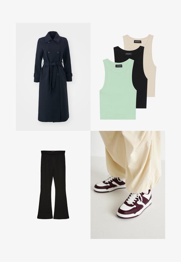 Trench-coat bleu marine en tissu mélange de laine, avec un double boutonnage à l'avant, une taille ceinturée et des poches latérales.; Trois débardeurs en vert menthe, noir et beige ; fabriqués en tissu côtelé avec un col rond et sans manches. Étiquette de marque visible.; Leggings évasés noirs en tissu extensible. Présentent une taille large et une texture lisse, avec une coupe ajustée qui s'évasent au bas.; ONLY SHOES ONLSWIFT - Baskets basses - white/dark red