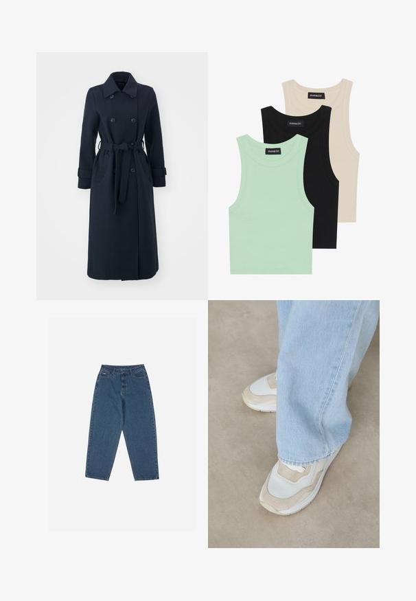 Trench coat de culoare bleumarin, confecționat dintr-un amestec de lână, având un front cu două rânduri de nasturi, talie cu cordon și buzunare laterale.; Trei tricouri fără mâneci, în nuanțe de verde mentă, negru și bej; realizate dintr-o țesătură ribată, cu gât rotund. Eticheta mărcii este vizibilă.; Jeans din denim albastru cu o croială relaxată, talie înaltă, design cu cinci buzunare și accente cusute. Dispune de un sistem de închidere cu buton și fermoar.; Tenisi bej și albi, realizati dintr-un amestec de plasă și suede, cu vârf rotund și talpă din cauciuc, asortați cu blugi de un albastru deschis.