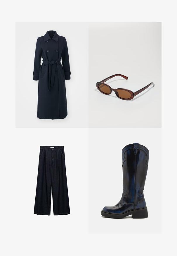 Tummansininen trenssi takki villasekoitekankaasta, jossa on kaksinkertainen etuosa, vyöllinen vyötärö ja sivutaskut.; Kolme tanktoppi mintunvihreänä, mustana ja beigeenä; ribbikankaasta valmistettu, pyöreällä kaula-aukolla ja ilman hihoja. Brändilabel näkyvissä.; Tummat farkku leveälahkeiset housut korkealla vyötäröllä, joissa on etunapit, kaksi sivutaskua ja ompeluyksityiskohtia.; Bronx DAFF-EY - Biker-/cowboysaappaat - black/galactic blue; Pyöreät, ruskehtavat aurinkolasit, joissa on kiiltävä burgundinpunainen runko. Kapeat sivut, joissa on hienovarainen brändäys. Litteät linssit.