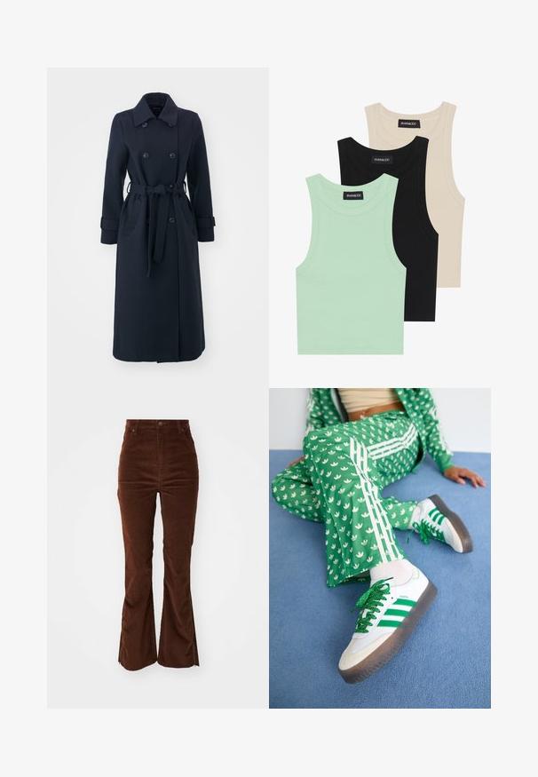 Marineblauer Trenchcoat aus Wollmischgewebe mit doppelter Knopfleiste, tailliertem Gürtel und seitlichen Taschen.; Drei Tanktops in Mintgrün, Schwarz und Beige; aus geripptem Stoff mit Rundhalsausschnitt und ohne Ärmel. Markenlabel sichtbar.; Hochtaillierte braune Cordhosen mit Fronttaschen und weit ausgestellten Beinen, die Reißverschlüsse entlang der äußeren Nähte haben.; Grüner Trainingsanzug mit weißen Blumenmustern und weißen Streifen, kombiniert mit weißen Sneakern mit grünen Streifen und glitzernden Schnürsenkeln.
