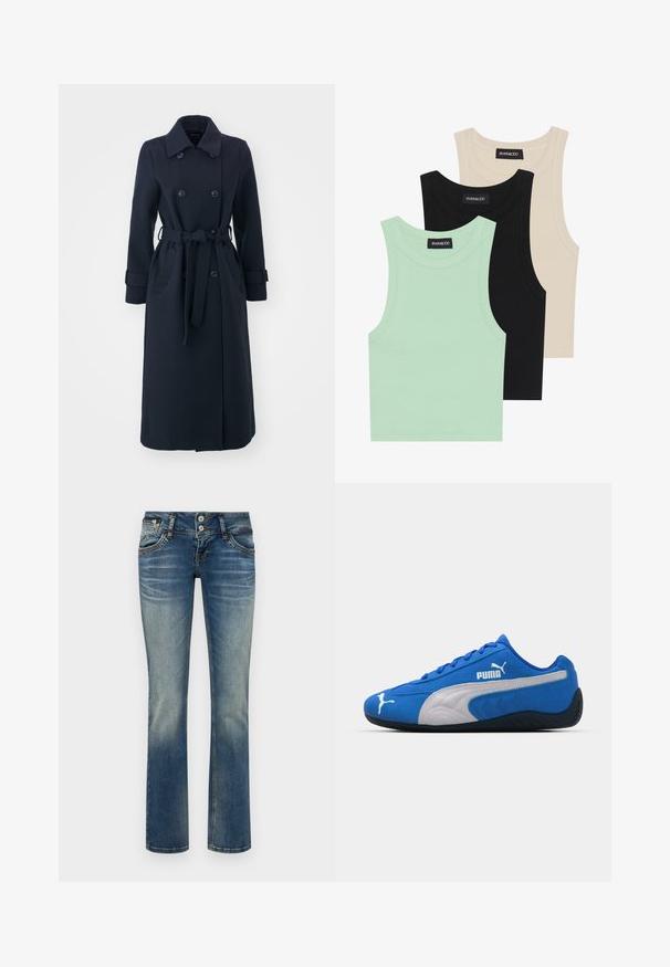 Tums zila virsjakas mēteli no vilnas maisījuma auduma, ar divrindu piegriezumu priekšā, jostu viduklī un sānu kabatām.; Trīs bezpiedurkņu topi mint zaļā, melnā un bēšā krāsā; izgatavoti no ribotas auduma ar apaļu dekoltē. Redzama zīmola etiķete.; Izbalējuši zils džinsi no denima ar taisna kāja dizainu, divu pogu jostasvietu un viegli nolietotu izskatu audumā.; Zili sporta apavi ar zilo zamšā, ar baltu sānu paneli un melnu gumijas zoli. Iekļauts paaugstināts PUMA logotips sānos.