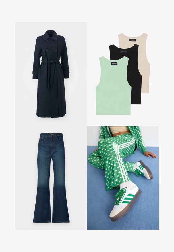 Tummansininen trenssi takki villasekoitekankaasta, jossa on kaksinkertainen etuosa, vyöllinen vyötärö ja sivutaskut.; Kolme tanktoppi mintunvihreänä, mustana ja beigeenä; ribbikankaasta valmistettu, pyöreällä kaula-aukolla ja ilman hihoja. Brändilabel näkyvissä.; Farkut, joissa on liehukkeet, valmistettu tummansinisestä denimestä, jossa on vaaleaa kulutusta. Siro korkea vyötärö, etutaskut ja hienovarainen ompeluaksentti.; Vihreä kuviollinen urheiluasu, jossa on valkoisia kukkakuoseja ja valkoisia raitoja, yhdistettynä valkoisiin tossuihin, joissa on vihreät raidat ja kimaltavat nauhat.