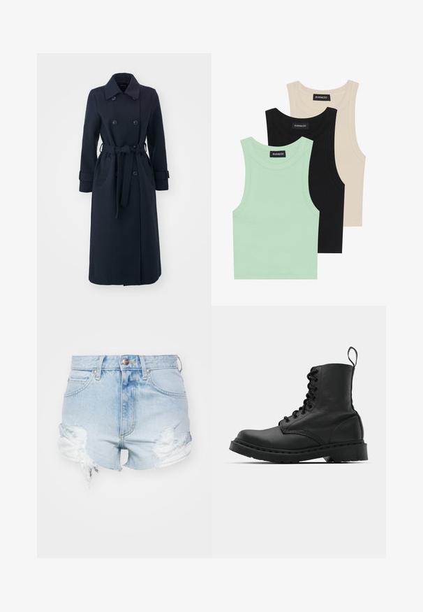 Marinblå trenchcoat gjord av en blandning av ullfibrer, med dubbelknäppt front, midjebälte och sidofickor.; Tre linnen i mintgrön, svart och beige; tillverkade av ribbad tyg med rund halsringning och utan ärmar. Varumärkesetikett synlig.; Lee RIDER - Jeansshorts - bubbled over; Svart läderkampsko med rund tå, snörning fram och dragflik vid vristen. Har en tjock gummisula för hållbarhet.