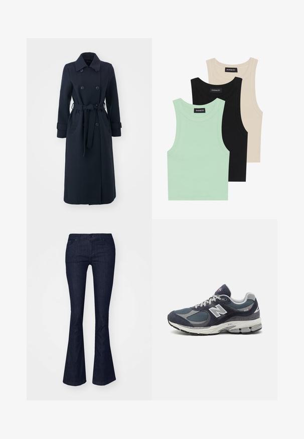 Tumedat sinine trench coat, mis on valmistatud villase segu kangast, topelt nööbistatud Front, vööga talje ja küljetaskudega.; Kolm t-särki mentool verdes, mustas ja beežis; ribakangast, ümmarguse kaelusega ja ilma varrukateta. Brändi silt on nähtav.; Tumedat teksased flared-jeansid keskmise talje kõrgusega, külgpocketitega ja nööbiga kinnitamine. Sile tekstuur ja puhas viimistlus.; New Balancei tennisetud sinise nailonvõrgu ja seemisnahaga, hallide aktsentidega, valgete logodega, pehmendatud tallaga ja tekstuursete detailidega.