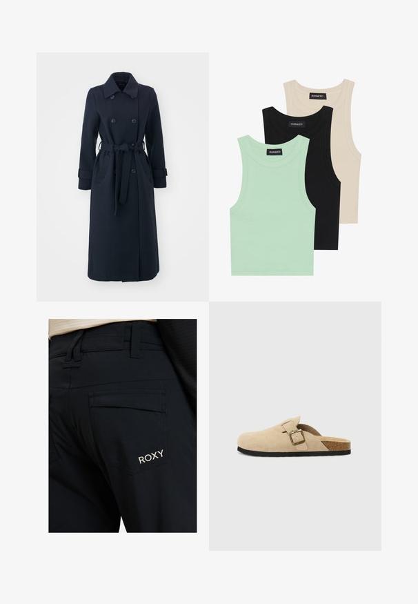 Casaco trench azul-marinho feito de um tecido de lã misto, apresentando uma frente de duas fileiras de botões, cintura cinchada, e bolsos laterais.; Três tops em mint green, preto e bege; feitos de tecido canelado com um decote redondo e sem mangas. Etiqueta da marca visível.; Calças pretas com uma textura suave, um ajuste ajustado e grandes bolsos traseiros. O logótipo da Roxy está bordado em branco no bolso direito.; Clogs em camurça bege, sem fechos, com uma palmilha de cortiça, bico arredondado e uma alça simples com uma fivela em tom dourado. Sola de borracha para maior aderência.
