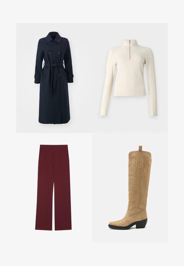 Granatowy trencz wykonany z mieszanki wełny, z podwójnym zapięciem z przodu, paskiem w talii oraz bocznymi kieszeniami.; Kremowy prążkowany pulower z długimi rękawami i stójką. Posiada ćwierć zamka z przodu oraz dopasowany krój. Gładka tekstura.; Bordowe spodnie z szerokimi nogawkami, z zapięciem na guzik, dwoma bocznymi kieszeniami oraz marszczeniem z przodu. Gładka tekstura materiału.; Kowbojski but z zamszu w kolorze tan, sięgający do kolan, z ozdobnym haftem, spiczastym noskiem i umiarkowanym blokowym obcasem. Posiada pętelkę u góry.
