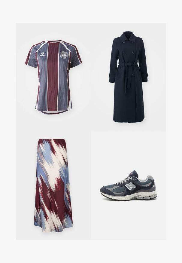 Trench coat azul marino hecho de una mezcla de lana, con un frontal de doble botonadura, cintura ceñida con cinturón y bolsillos laterales.; Camiseta deportiva a rayas en color marrón y azul con mangas cortas. Presenta un cuello redondo, detalles en blanco y un logo circular en el pecho.; Larga falda con un patrón de tie-dye diagonal en burdeos, azul y crema, hecha de tela suave con una silueta fluida y un ligero brillo.; Zapatillas New Balance con un upper de malla y ante en color marino, acentos grises, logo blanco, suela acolchada y detalles texturizados.