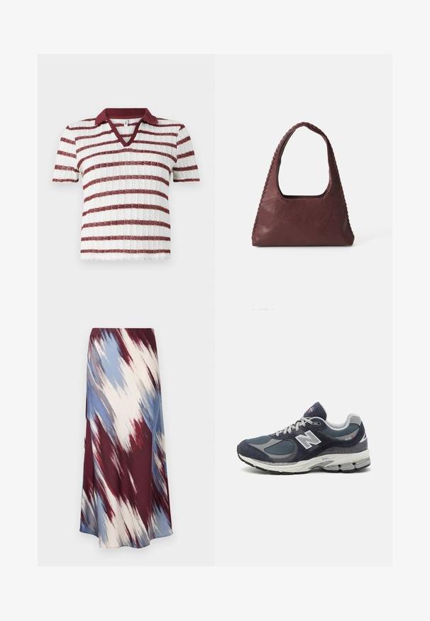 Tums zila virsjakas mēteli no vilnas maisījuma auduma, ar divrindu piegriezumu priekšā, jostu viduklī un sānu kabatām.; Svītrains īsām piedurknēm adīts tops ar bordo krāsu apkakli, kurā ir maiņus baltas un bordo svītras. V-veida izgriezums un ribota tekstūra.; Garais svārki ar diagonālu saistīto krāsu rakstu bordo, zilā un krējuma krāsās, izgatavoti no mīkstas auduma, kam ir plūstoša silueta un neliels spīdums.; New Balance tenissoles ar jūras spēka krāsas sietu un ādas augšdaļu, pelēkiem akcentiem, baltu logotipu, mīkstu zoli un teksturētām detaļām.; Burgundijas krāsas ādas rokassoma ar trīsstūra formu, atvērta augšdaļa un izsieta detaļa gar rokturi. Gluda tekstūra ar matētu apdari.