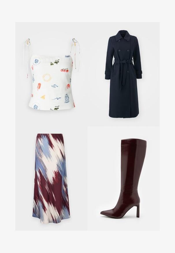 Trench coat de culoare bleumarin, confecționat dintr-un amestec de lână, având un front cu două rânduri de nasturi, talie cu cordon și buzunare laterale.; Abercrombie & Fitch SLIM TIE STRAP - Top - multi-coloured; Fustă lungă cu un model diagonal de tie-dye în burgund, albastru și crem, realizată dintr-un material moale cu o siluetă fluidă și o ușoară strălucire.; Even&Odd Cizme - dark red