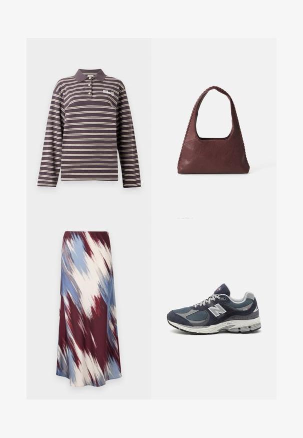 Tengerészeti kék, gyapjú keverékből készült trench coat, dupla gombolású elülső résszel, derékra övezett fazonnal és oldalsó zsebekkel.; Hosszú ujjú pólóing sötétlila színben, fehér vízszintes csíkokkal, gombos gallérral és hímezett logóval a mellkason.; Hosszú szoknya, amelynek átlós, batikolt mintázata bordó, kék és krém színekben készült, puha anyagból, amely áramló sziluettel és enyhe fénylő felülettel rendelkezik.; Új Balance sportcipők sötétkék hálós és velúr felsőrésszel, szürke kiegészítőkkel, fehér logóval, párnázott talppal és texturált részletekkel.; Burgundi bőr kézitáska, háromszög alakú, nyitott tetejű, fonott részletekkel a húzón. Simább tapintású, matt felülettel.