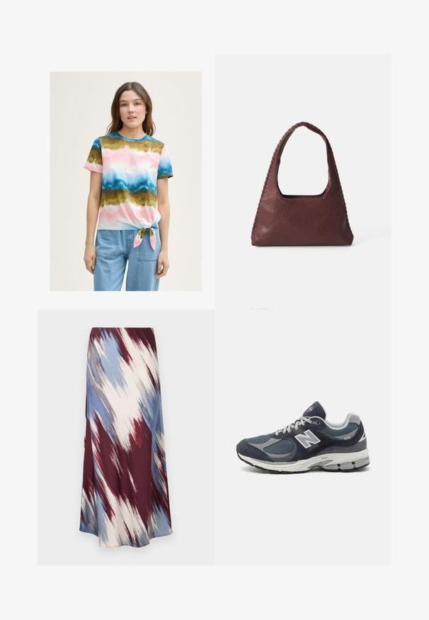 Tamsiai mėlynas vilnos mišinio paltas, turintis dvigubą užsegimą, diržą juosmeniui ir šonines kišenes.; Daugiaspalvė marškinėlių su raišteliu priekyje su gradientiniu raštu rožinės, mėlynos ir žalios spalvų tonais. Trumpomis rankovėmis ir apvaliu iškirpimu. Medvilnės mišinys.; Ilga sijonas su įstrižine tinklelio modeliu, nudažytas bordo, mėlyna ir kreminės spalvos, pagamintas iš minkštos medžiagos su laisva siluete ir nedideliu blizgesiu.; New Balance sportbačiai su tamsiai mėlyna tinkliniu ir veliūro viršumi, pilkomis detalėmis, baltu logotipu, paminkštintu padu ir tekstūruotais akcentais.; Burgundi odinės rankinės trikampio formos, atvira viršuje ir pintas detalės palei rankeną. Lygus paviršius su matinio apdaila.