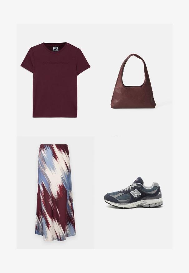 Námorně modrý trenčkot vyrobený z vlněného směsového materiálu, s dvouřadým zapínáním, páskem v pase a bočními kapsami.; Burgundské bavlněné tričko s krátkým rukávem, kulatým výstřihem a vyšitým logem EA7 Emporio Armani vpředu. Klasický střih.; Dlouhá sukně s diagonálním tie-dye vzorem v burgundské, modré a krémové barvě, vyrobená z měkké tkaniny s volným silhouette a mírným leskem.; Tenisky New Balance s horní částí ze síťoviny a semíš, navy barvy, šedé akcenty, bílé logo, polstrovanou podrážkou a texturovanými detaily.; Burgundská kožená kabelka trojúhelníkového tvaru, s otevřeným topem a tkaným detailem podél rukojeti. Hladký povrch s matným finišem.