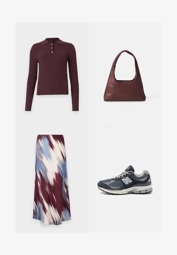 Marineblå trenchcoat lavet af en uldblandingsstof, med dobbeltrækker foran, bæltestørrelse og sidelommer.; Ribbet langærmet polo-top i mørk burgunder med en lille krave og tre knapper ved halsen. Blød tekstur med en tætsiddende silhuet.; Lang nederdel med et diagonalt tie-dye mønster i bordeaux, blå og creme, lavet af blødt stof med en flydende silhuet og let glans.; New Balance sneakers med en navy mesh og ruskind overdel, grå accenter, hvidt logo, polstret sål og tekstureret detaljering.; Bordeaux læder håndtaske med trekantet form, åben top og fletdetalje langs håndtaget. Glat tekstur med mat finish.