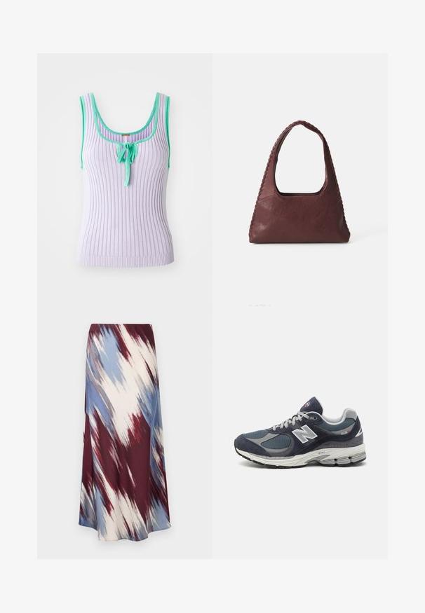 Tengerészeti kék, gyapjú keverékből készült trench coat, dupla gombolású elülső résszel, derékra övezett fazonnal és oldalsó zsebekkel.; Levendula színű bordázott ujjatlan top zöld díszítéssel és középen megkötős részlettel. Formához simuló szabás. Puha tapintású.; Hosszú szoknya, amelynek átlós, batikolt mintázata bordó, kék és krém színekben készült, puha anyagból, amely áramló sziluettel és enyhe fénylő felülettel rendelkezik.; Új Balance sportcipők sötétkék hálós és velúr felsőrésszel, szürke kiegészítőkkel, fehér logóval, párnázott talppal és texturált részletekkel.; Burgundi bőr kézitáska, háromszög alakú, nyitott tetejű, fonott részletekkel a húzón. Simább tapintású, matt felülettel.