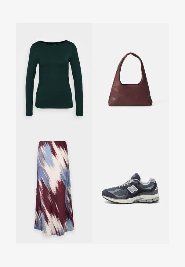 Navy blue trench coat made of wool blend fabric, featuring a double-breasted front, belted waist, and side pockets.; Long-sleeve top in dark green, made of soft fabric. Features a round neckline and fitted design with seamless edges. Minimalist style.; Long skirt featuring a diagonal tie-dye pattern in burgundy, blue, and cream, made of soft fabric with a flowing silhouette and slight sheen.; New Balance sneakers with a navy mesh and suede upper, gray accents, white logo, cushioned sole, and textured detailing.; Burgundy leather handbag with a triangular shape, open top, and braided detail along the handle. Smooth texture with a matte finish.