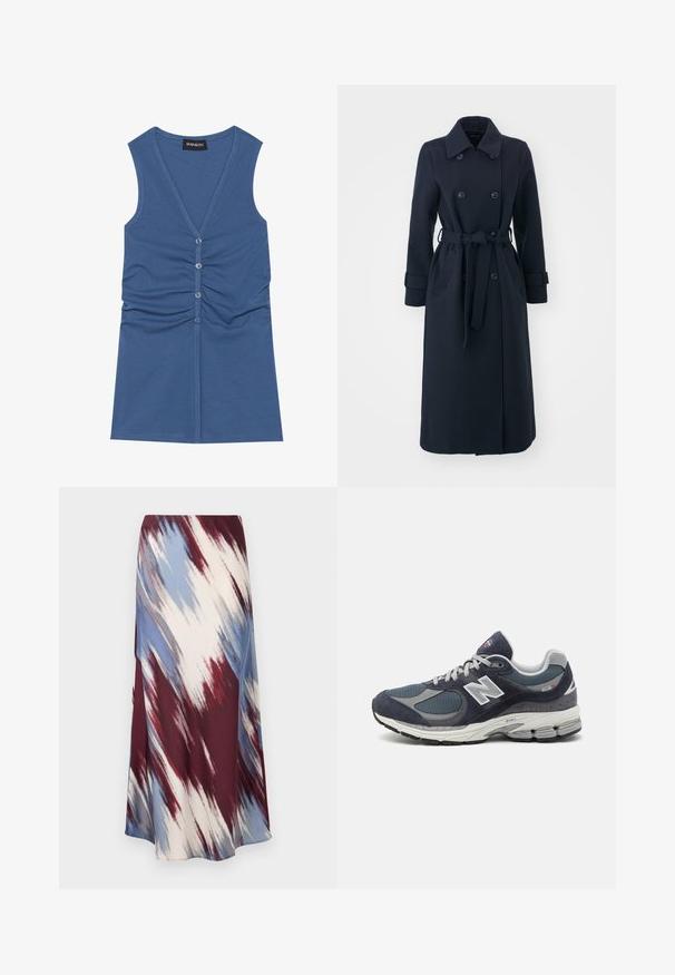 Navy blue trench coat made of wool blend fabric, featuring a double-breasted front, belted waist, and side pockets.; Blue sleeveless top made of soft fabric, featuring a deep V-neck, button closure, and gathered detailing at the front.; Long skirt featuring a diagonal tie-dye pattern in burgundy, blue, and cream, made of soft fabric with a flowing silhouette and slight sheen.; New Balance sneakers with a navy mesh and suede upper, gray accents, white logo, cushioned sole, and textured detailing.