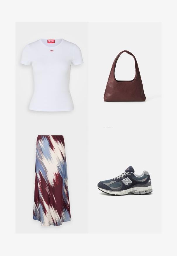 Tums zila virsjakas mēteli no vilnas maisījuma auduma, ar divrindu piegriezumu priekšā, jostu viduklī un sānu kabatām.; Balts pieguļošs T-krekls ar īsām piedurknēm. Rievota tekstūra, apaļš kakla izgriezums. Mazs sarkans "D" logs uz krūtīm. Izgatavots no elastīga auduma.; Garais svārki ar diagonālu saistīto krāsu rakstu bordo, zilā un krējuma krāsās, izgatavoti no mīkstas auduma, kam ir plūstoša silueta un neliels spīdums.; New Balance tenissoles ar jūras spēka krāsas sietu un ādas augšdaļu, pelēkiem akcentiem, baltu logotipu, mīkstu zoli un teksturētām detaļām.; Burgundijas krāsas ādas rokassoma ar trīsstūra formu, atvērta augšdaļa un izsieta detaļa gar rokturi. Gluda tekstūra ar matētu apdari.