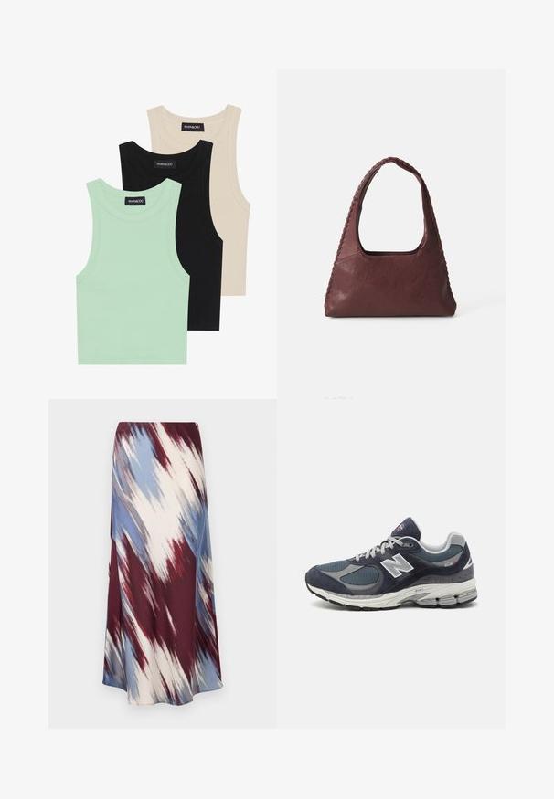 Trench coat blu navy realizzato in tessuto misto lana, con chiusura doppiopetto, vita con cintura e tasche laterali.; Tre canotte in verde menta, nero e beige; realizzate in tessuto a coste con scollatura rotonda e senza maniche. Etichetta del brand visibile.; Gonna lunga con un motivo tie-dye diagonale nei toni del bordeaux, blu e crema, realizzata in un tessuto morbido con una silhouette fluida e una leggera lucentezza.; Sneakers New Balance con tomaia in rete e suede blu navy, dettagli grigi, logo bianco, suola imbottita e dettagli testurizzati.; Borsa in pelle bordeaux con forma triangolare, apertura superiore e dettaglio intrecciato lungo il manico. Texture liscia con finitura opaca.