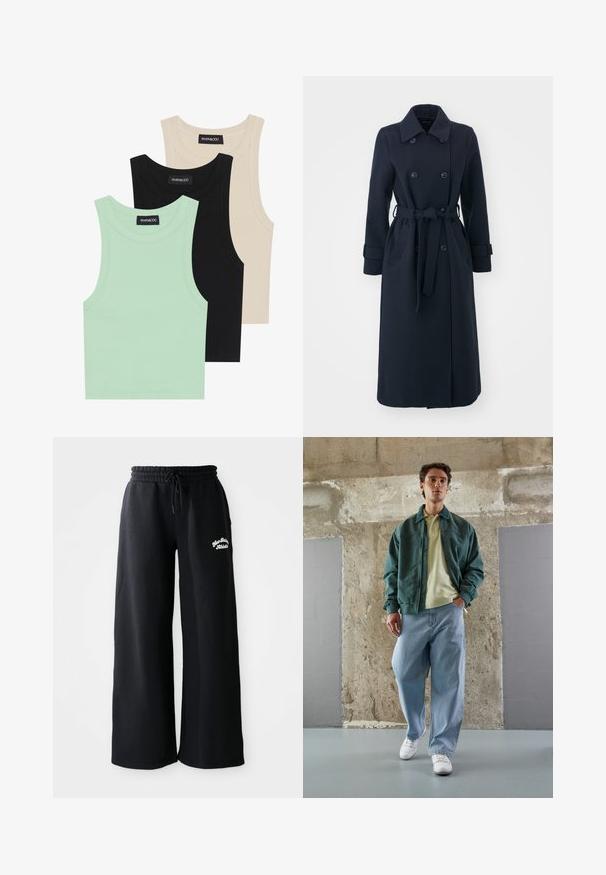 Marineblå trenchcoat laget av ullblandingsstoff, med dobbelspent front, belte i midjen og sidelommer.; Tre tank topper i mintgrønn, svart og beige; laget av ribbestrikket stoff med rund hals og uten ermer. Merket synlig.; Svarte vide joggebukser med snor i livet. Har brodert tekst på venstre side, laget av mykt bomullsblandingsmateriale.; Grønn bomberjakke over en lys gul polo, kombinert med løse blå jeans og hvite sneakers. Glatte stoffer, avslappet passform, minimal maskinvare.