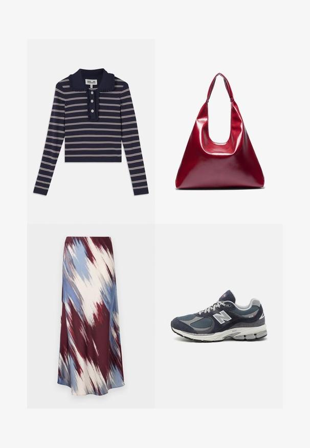 Granatowy trencz wykonany z mieszanki wełny, z podwójnym zapięciem z przodu, paskiem w talii oraz bocznymi kieszeniami.; Granatowa koszula z długim rękawem w różowe poziome paski, z falbaniastego kołnierza i trzema guzikami z przodu; wykonana z miękkiego, elastycznego materiału.; Długa spódnica z skośnym wzorem tie-dye w kolorach burgundowym, niebieskim i kremowym, wykonana z miękkiego materiału o płynnej sylwetce i delikatnym połysku.; Sneakers New Balance z górną częścią z siateczki i zamszu w kolorze granatowym, szarymi akcentami, białym logo, amortyzowaną podeszwą oraz z fakturowymi detalami.; Czerwona, błyszcząca skórzana torebka o trójkątnym kształcie, z szerokim otwarciem na górze i pojedynczym, zaokrąglonym uchwytem. Gładka tekstura z minimalnymi detalami przeszyć.