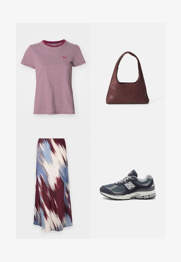 Mornarsko modra trench plašč iz mešanice wolne, z dvojno zadrgo, pasom in stranskimi žepi.; Levi's® THE PERFECT TEE - Navadna majica - collegiate burgundy; Dolga krila z diagonalnim tie-dye vzorcem v burgundski, modri in kremni barvi, izdelana iz mehkega blaga z tekočim siluetom in rahlim sijajem.; Tenis New Balance z zgornjim delom iz mornarskega mrežastega materiala in semiša, s sivimi detajli, belim logotipom, oblazinjeno podplatom in teksturiranimi detajli.; Burgundska usnjena torba v trikotni obliki, odprta na vrhu, s pletenim detajlom ob ročaju. Gladka tekstura z mat zaključkom.