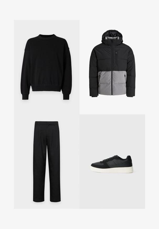 Casaco puffer com uma parte superior preta e uma parte inferior cinza, com capuz, fecho frontal e um bolso no peito, feito de tecido isolante.; Sweatshirt preto feito de um tecido suave, apresentando um decote redondo, mangas longas e punhos ajustados com um corte solto na cintura.; Calças pretas feitas de tecido suave, com um design de perna reta, dois pregas frontais e uma cintura padrão com passantes para cinto.; Fivela preta de cano baixo com pele texturizada e painéis de camurça, sola de borracha branca e atacadores pretos, em fundo claro liso.