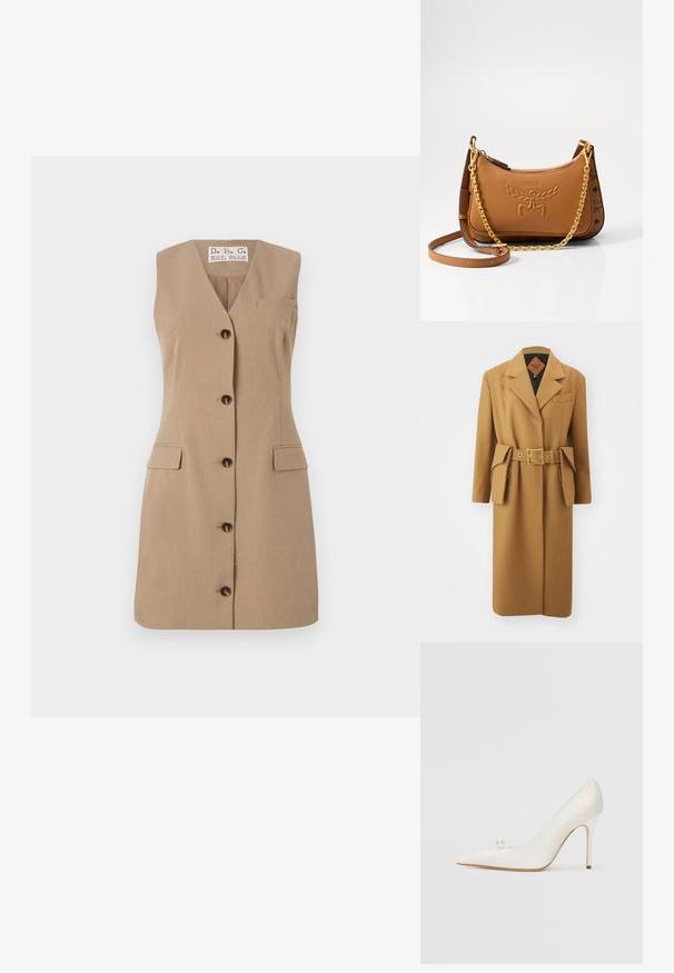 MCM BELT COAT - Klassinen takki - cognac; Hihaton beige mekko, jossa on v-kaula-aukko, viisi tummaa nappia edessä, kaksi läppätaskua ja pieni rintatasku. Sujuva kankaan tekstuuri.; Valkoinen, kärkikärkinen korkokenkä kiiltävässä viimeistelyssä, jossa on koristeellinen helmiyksitys sivussa ja hoikka stiletto-korko.; Ruskea nahkainen olkalaukku, jossa on kohokuvioitu logo, kultaketju ja nahkaremmit, kaareva muoto ja koristeelliset yksityiskohdat sivuilla.