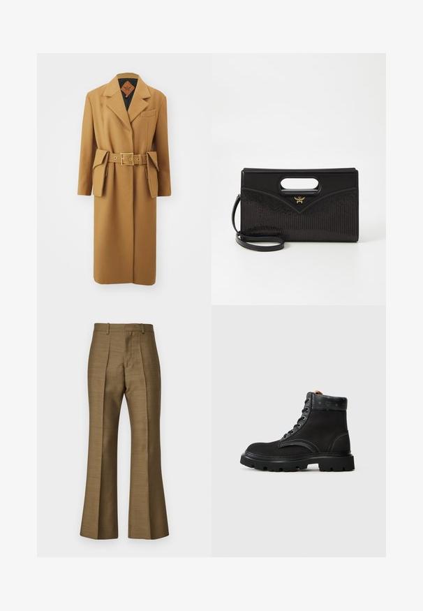 MCM BELT COAT - Cappotto classico - cognac; Maglietta nera a maniche corte con collo rotondo e un'etichetta bianca all'interno del colletto con la scritta "D.R.C. EST. 2002" su sfondo bianco.; Pantaloni a palazzo marroni realizzati in tessuto liscio, con pieghe frontali, una vita sagomata e un leggero lucido. Nessun hardware o motivo visibile.; Stivaletti neri alla caviglia con tomaia in pelle texture, design con lacci, cuciture a contrasto e suola in gomma robusta. Accento del logo sulla linguetta.; Borsa nera con una forma strutturata, dotata di manico superiore, esterno in pelle liscia e tessuto testurizzato con motivi a strisce. Finiture in oro.