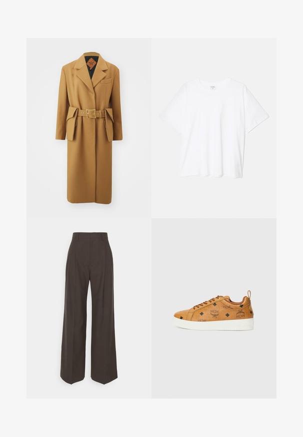 MCM BELT COAT - Cappotto classico - cognac; T-shirt bianco in cotone con maniche corte, scollo rotondo, vestibilità comoda e orlo cucito. Etichetta visibile all'interno del colletto.; Pantaloni ampi marrone scuro con vita alta, caratterizzati da pieghe ben stirate, una texture liscia e una vestibilità su misura.; Sneaker in pelle marrone con suole in gomma bianca a contrasto, caratterizzate da motivi a rombo neri e loghi MCM di lato. Include lacci e un'etichetta posteriore.