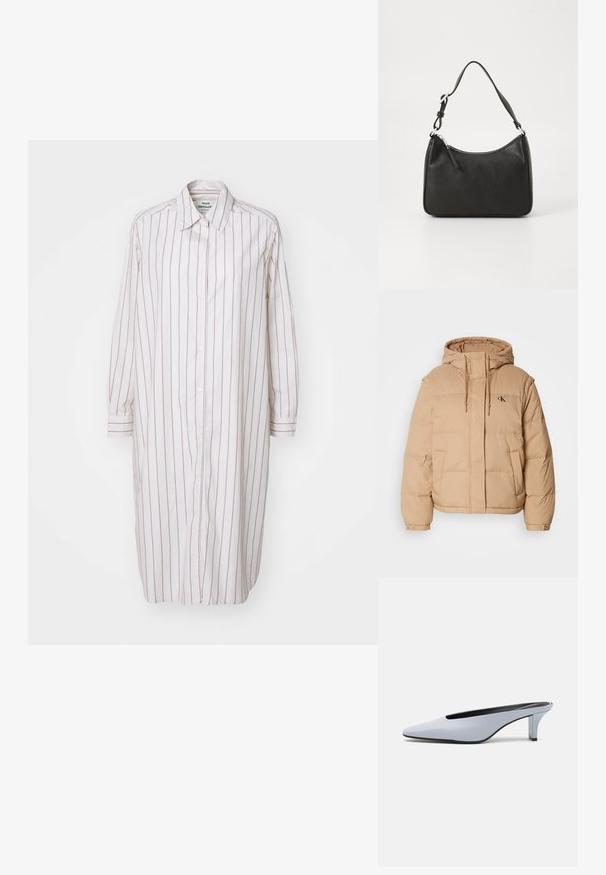 Beige puffer-jakki, jossa on huppu, vetoketjukiinnitys, kaksi sivutaskua ja pieni logo vasemmassa rinnassa. Pehmeä, tilkkutäkkitekstuuri.; Mads Nørgaard YARPO CRISSY DRESS - Paitamekko - silver birch; Vaaleansiniset patentoidut korkokengät, joissa on terävä kärki, matala läpinäkyvä korko ja tyylikäs muotoilu, jossa on aukko vampissa.; Mustat nahkakäsilaukku, jossa on kaareva muoto, yksi hihna, vetoketjukiinnitys ja hienovarainen brändäys etuosassa. Sujuva pinta, minimalistinen muotoilu.