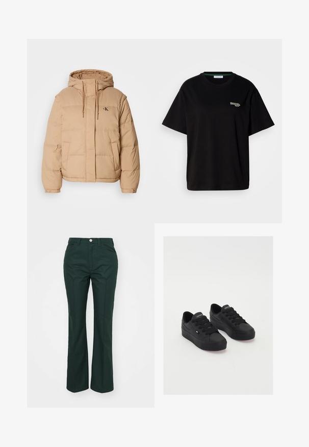 Bež jakna s kapuljačom, s prednjim patentnim zatvaračem, dva bočna džepa i malim logotipom na lijevoj strani prsa. Mekana, kviltana tekstura.; Crna pamučna majica s kratkim rukavima, s malim zelenim logotipom na lijevoj strani prsne šupljine. Klasični kroj s okruglim izrezom, opušteni fit.; Zelene, široke hlače napravljene od glatkog, čvrstog materijala. Imaju zatvaranje s prednjim gumbom, petlje za pojas i dva bočna džepa.; Crne niske tenisice od glatkog materijala, s debelim vezicama, teksturiranim potplatom i malim logotipom sa strane i na jeziku.