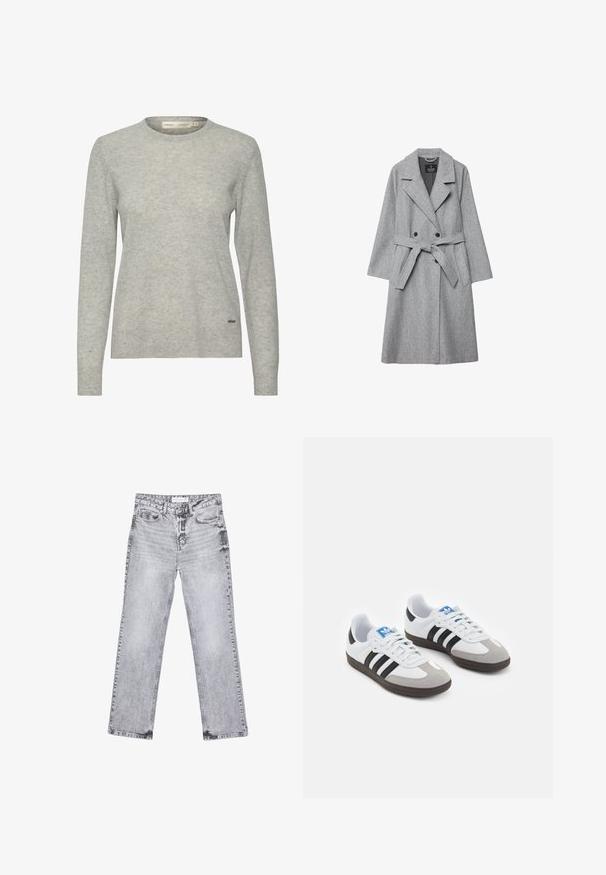 Harmaa villasekoitekotelo, jossa on kaksoisnapitusdesign, suuret kaulus, vyötärövyö ja sivutaskut. Ominaisuuksiin kuuluu pehmeä rakenne ja muotoiltu malli.; Vaaleanharmaa neulepusero, joka on valmistettu pehmeästä kankaasta ja jossa on pyöreä kaula-aukko, pitkät hihat ja hienovarainen tekstuuri. Pienikokoinen logo yksityiskohtana helmassa.; Harmaat farkut suoran lahkeen leikkauksella, kulutettu yksityiskohtia, viisi taskua ja kuparinappi. Vyötärönauha sisältää logotagin.; Urheilukengät, joissa on valkoinen nahkainen päällinen, harmaa mokkanokka ja kolme mustaa raitaa. Ominaisuuksina sininen logo kielekkeessä ja kuvioitu kumipohja.