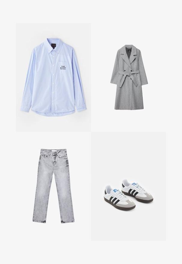 Cappotto grigio in misto lana con design doppiopetto, ampi revers, vita con cintura e tasche laterali. Presenta una texture morbida e una silhouette su misura.; Camicia azzurro chiaro con righe bianche verticali, maniche lunghe, colletto a bottoni e tasca sul petto con la scritta "THE SHIRT".; Top a canotta bianco a coste con scollatura rotonda e senza maniche, caratterizzato da un orlo dritto e una texture liscia e elastica.; Jeans in denim grigio con taglio dritto, dettagli sfilacciati, cinque tasche e rivetti in rame. La cintura presenta un'etichetta con il logo.; Scarpe sportive con tomaia in pelle bianca, punta in suede grigia e tre strisce nere. Presentano un logo blu sulla linguetta e una suola in gomma testurizzata.