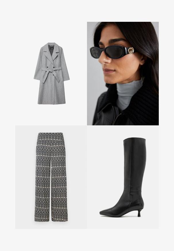 Szary płaszcz z mieszanki wełny o podwójnym zapięciu, dużych klapach, z paskiem w talii i bocznymi kieszeniami. Charakteryzuje się miękką fakturą i dopasowanym krojem.; Gładka, biała, długosleeve koszula, okrągły dekolt, pokazana od tyłu, leżąca na białym tle.; Spodnie z szerokimi nogawkami z czarno-kremowym geometrycznym wzorem, wykonane z tkaniny o gładkiej fakturze. Elastyczny pas dla komfortu.; Zign - Kozaki; Czarne okulary przeciwsłoneczne o eleganckim, prostokątnym kształcie z logo w kolorze złotym na boku. Ciemne soczewki i błyszczące wykończenie są wyraźnie widoczne.