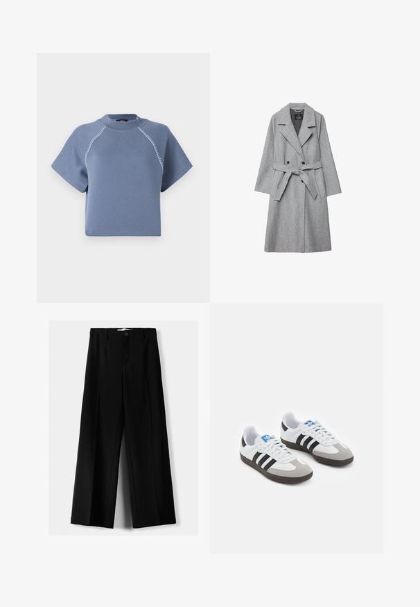 Sivý kabát z vlnenej zmesi s dvojradovým zapínaním, veľkými klopami, opaskom v páse a bočnými vreckami. Má mäkkú štruktúru a prispôsobený strih.; Modrá skrátená mikina s krátkymi rukávmi, okrúhlym výstrihom a kontrastným prešívaním pozdĺž ramenných švov, vyrobená z jemného materiálu.; Čierne široké nohavice z ľahkého materiálu, s predným zapínaním na gombík a plochým predným dielom, s pekne ušitými lemami.; Športové topánky s bielym koženým zvrškom, šedou semišovou špičkou a tromi čiernymi pruhmi. Obsahujú modré logo na jazyku a štruktúrovanú gumovú podrážku.